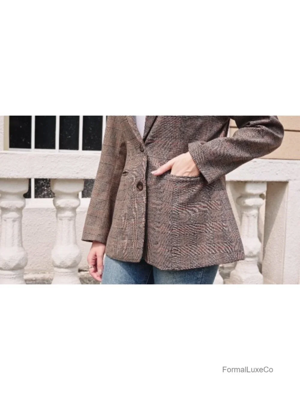 Lightweight Notched Lapel Plaid Blazer with Pockets for Work & Casual